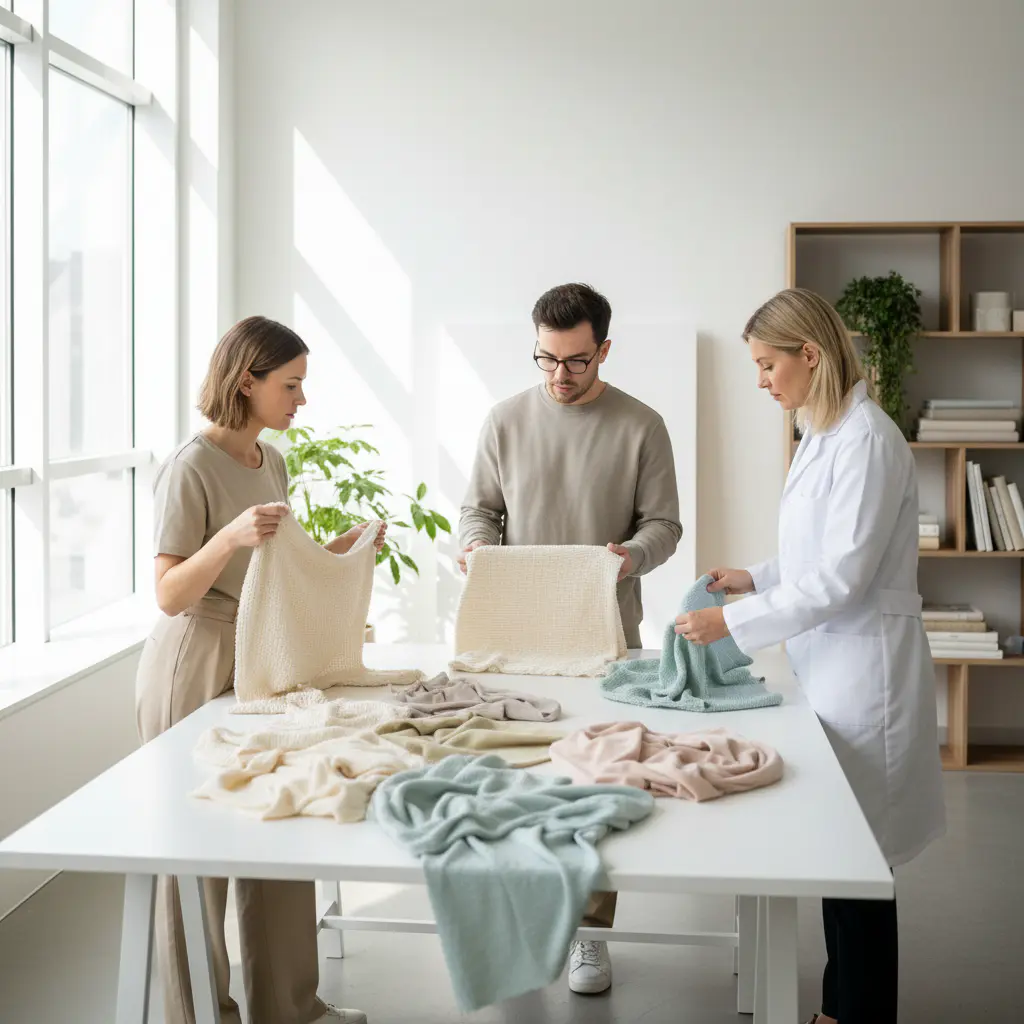 Designers examining comfortable fabric swatches in a bright studio