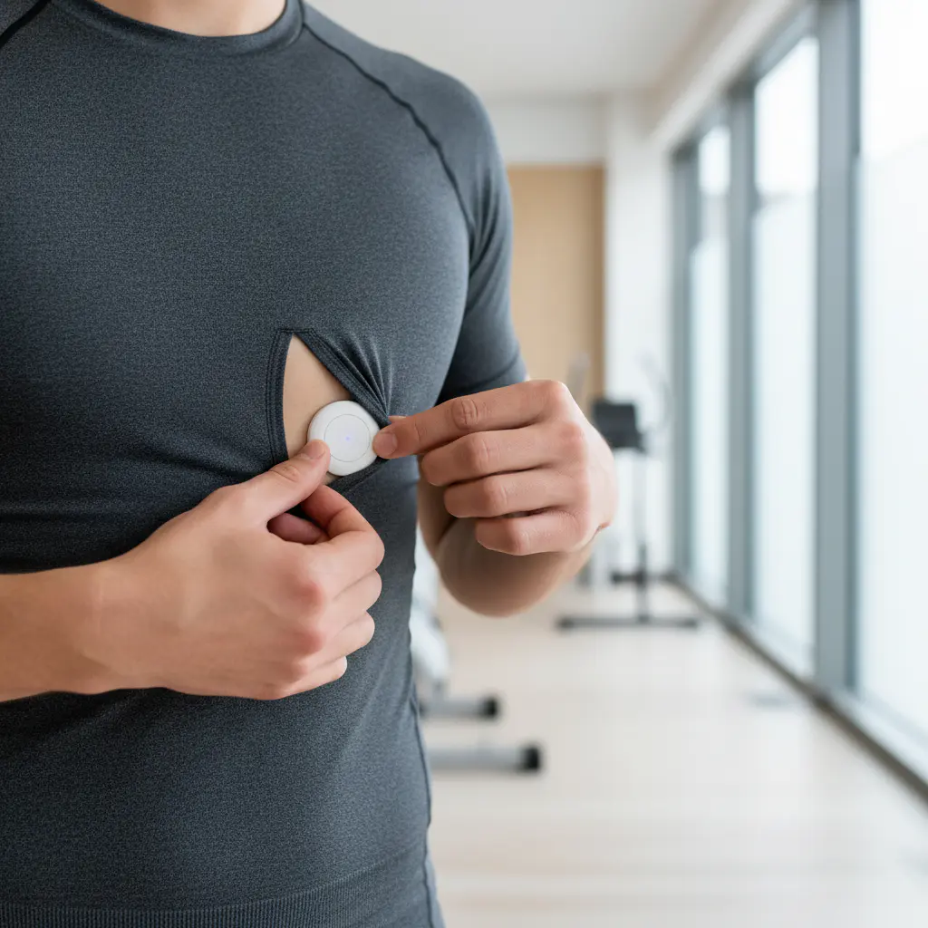 Person wearing modern clothing with a hidden panel for a health sensor