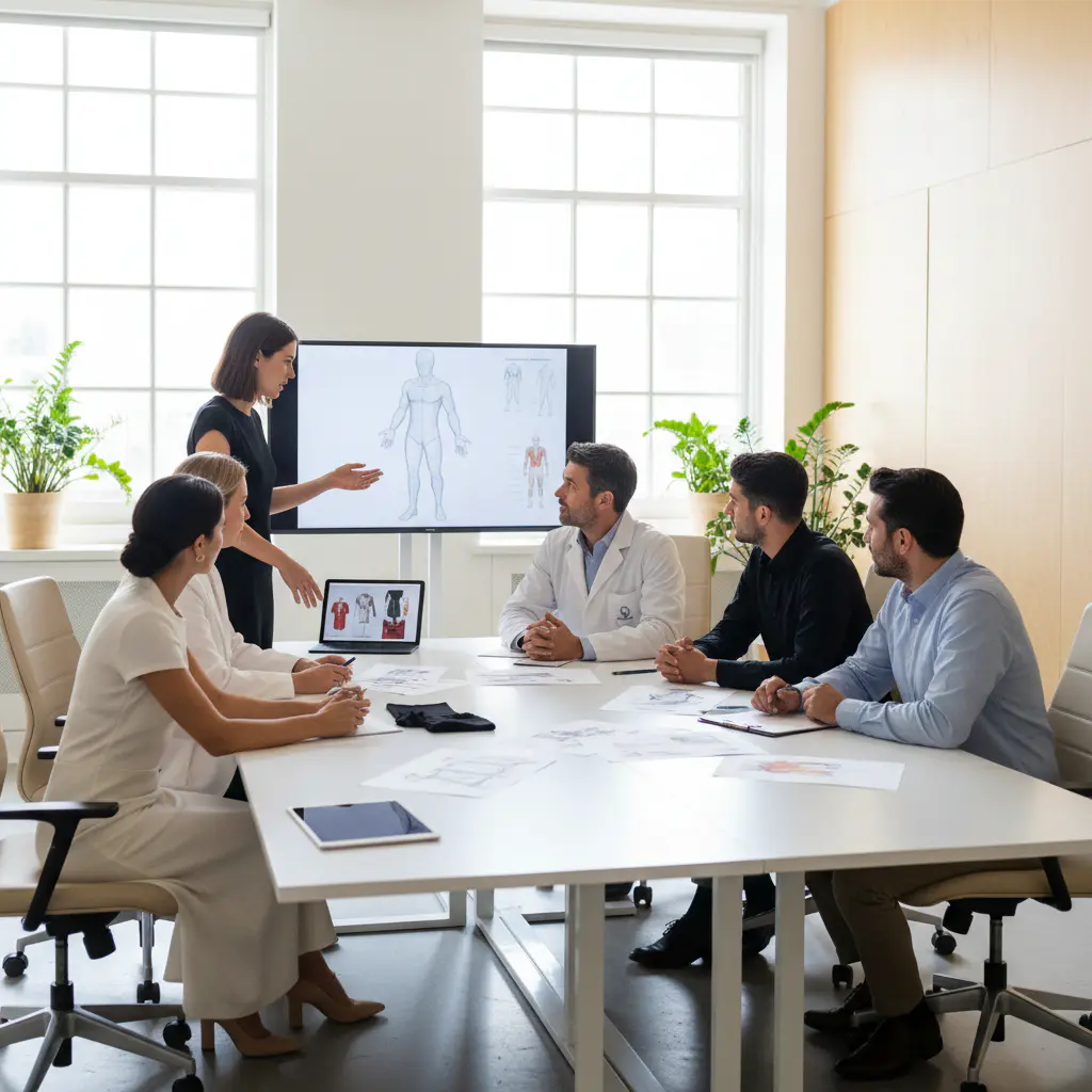 Team of designers and health experts discussing modern apparel design